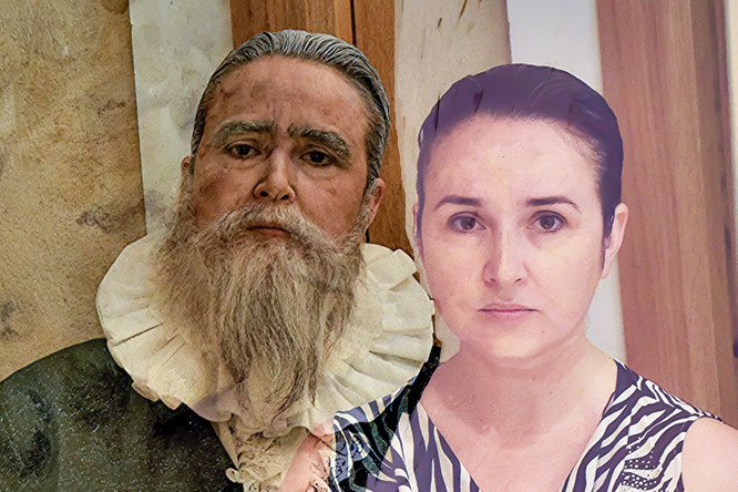 La actriz Ángeles Rodríguez como Miguel de Cervantes. Fotomontaje de Marcelo Tettamanti.