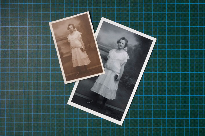 Zwei alte Fotos einer Frau in einem weißen Kleid, eines in Sepia und das andere in Schwarz-Weiß, auf einem karierten Untergrund.