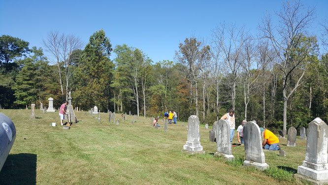 The Trimble Co. Historical Society Cemetery Club Working at Corn Creek Baptist Church. Photo courtesy of Tina Mitchell Boutall for the Trimble County Historical Society of Kentucky. 14 Oct 2017.