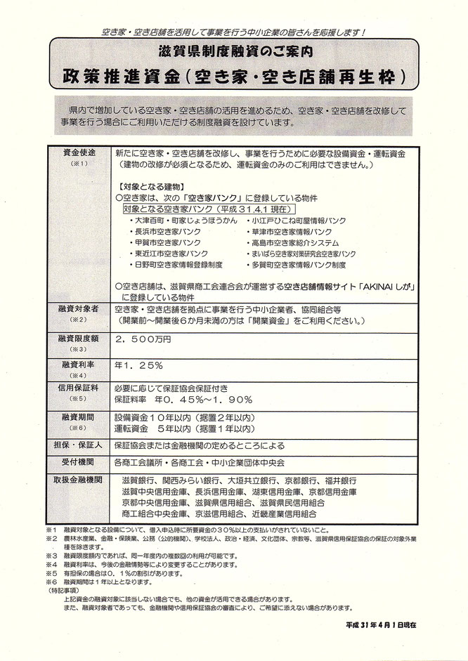 滋賀県制度融資のご案内　政策推進資金（空き家・空き店舗再生枠）