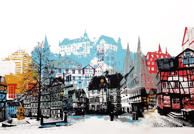 Marburg-Rondellblick, Siebdruck und Mischtechnik auf Papier, 70x100cm, 2024, 1.300€