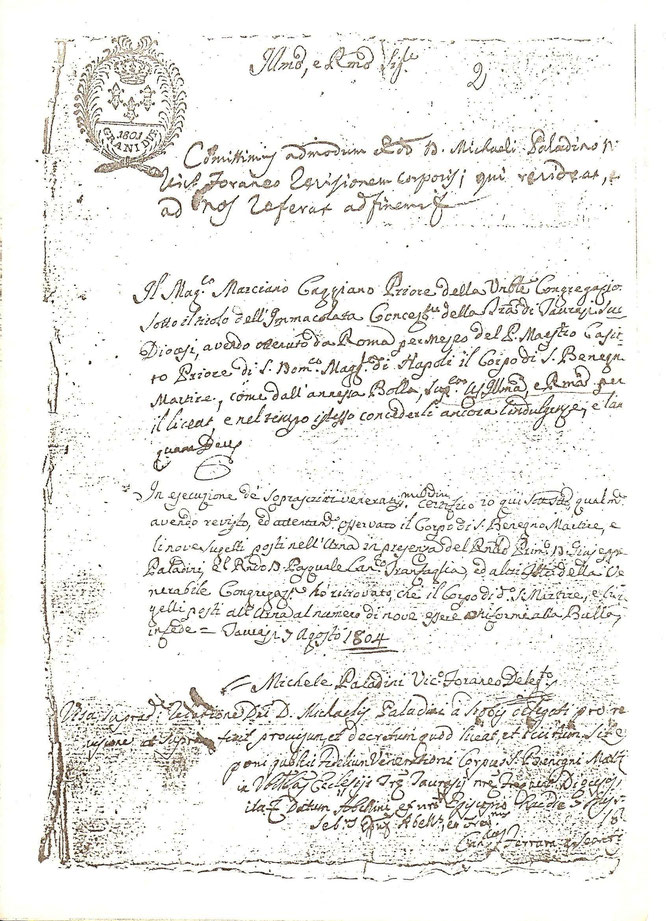 pagina del Libro della Confraternita dell'Immacolata Concezione, in data 1804 sulla ricognizione del "Corpo" di s. Benigno