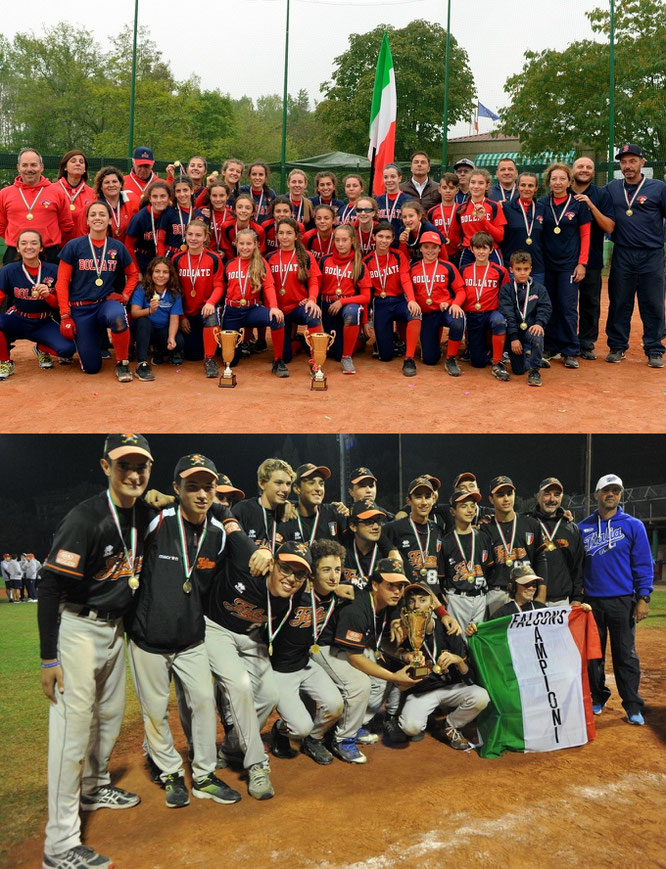 Nella foto: In alto Bollate vincitrici dei Titoli 2017 Ragazze e Cadette - Sotto I Falcons di Torre Pedrera vincitori del Titolo 2017 U15
