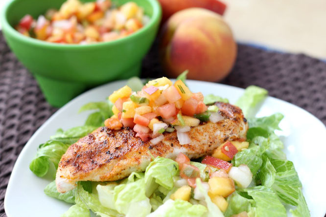 This quick Southwestern grilled chicken with peach pico de gallo is the perfect solution for getting out of that chicken rut!  This light meal is healthy fast food at its' finest! 