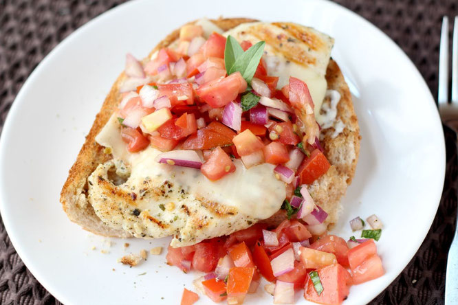 This open-faced chicken bruschetta sandwich is a simple, quick option for a busy weeknight. Leftovers also make for a great lunch the next day!