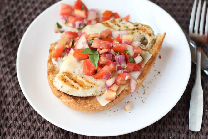 This open-faced chicken bruschetta sandwich is a simple, quick option for a busy weeknight. Leftovers also make for a great lunch the next day!