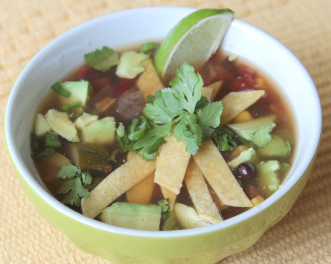 homemade vegan slow cooker tortilla soup.  So light and healthy!