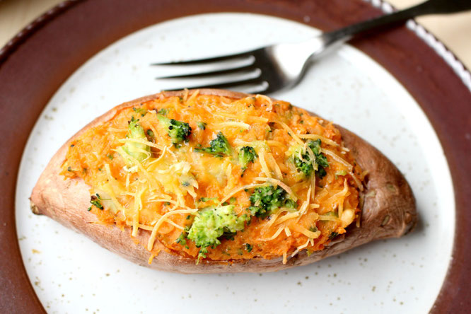 Twice baked broccoli and cheese sweet potato - perfect flavorful meatless meal or side dish! - by homemade nutrition