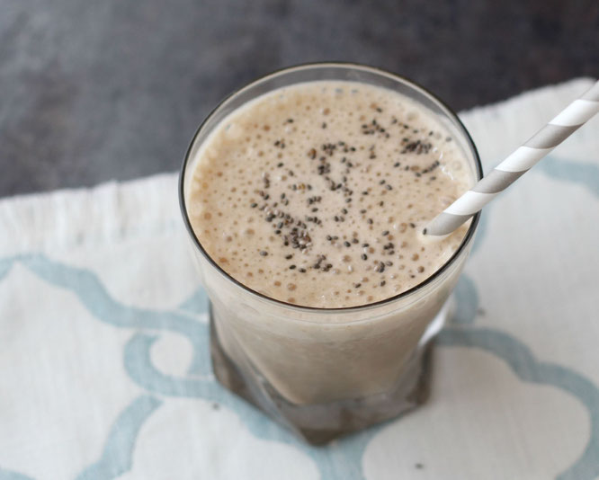 This iced latte smoothie is the perfect healthy cold treat for a hot summer day.  Chia seeds, banana, and a boost of protein also make this a great option for a quick meal! 