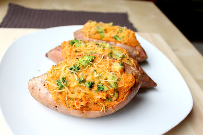 Simple vegetarian twice baked sweet potatoes with broccoli and cheese.  5 ingredients, 20 minutes! - by homemade nutrition