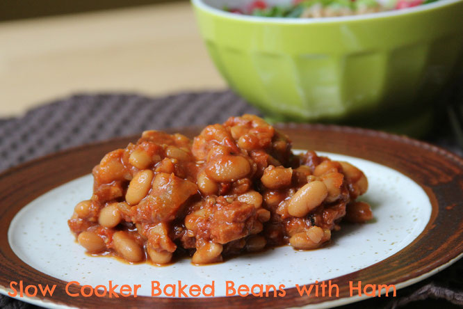 Slow cooker baked beans with ham. One pot heart healthy quick dinner!