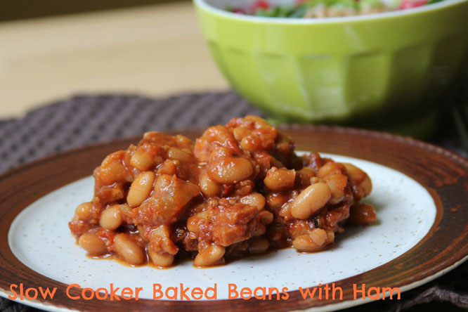 Slow cooker baked beans with ham.  One pot heart healthy quick dinner!