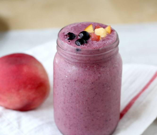 You can't go wrong with just three ingredients in a recipe!  This blueberry-peach smoothie is just as refreshing as it is beautiful!