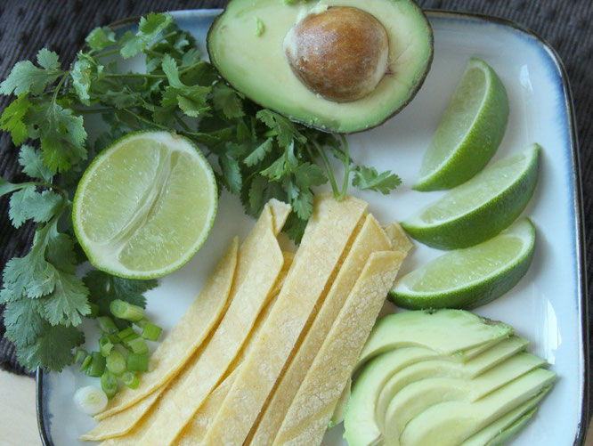 cinlantro, avocado, lime, tortilla strips, green onions - perfect toppings for tortilla soup!