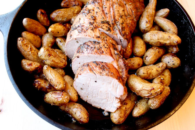 One-Skillet Roasted pork tenderloin with baby potatoes - a healthy weeknight dinner recipe that tastes like you spent all day making it! 