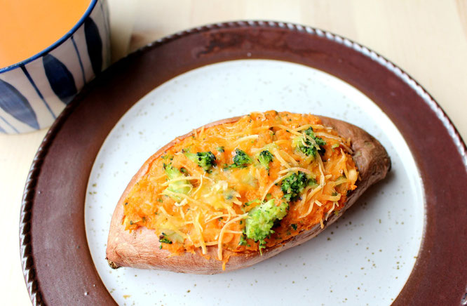 Vegetarian broccoli cheese twiced baked sweet potatoes.  Healthy and affordable fast food at it's finest! - by homemade nutrition