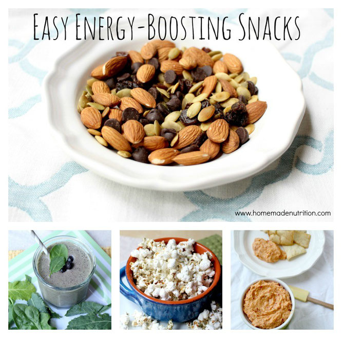 Ideas for healthy snacks that taste amazing and will give you that boost of energy to get through a busy day! - www.homemadenutrition.com