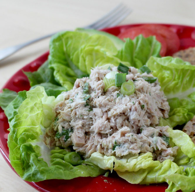 healthy tuna salad made with no mayonnaise! Light, fresh dressing made with greek yogurt, lime, and cilantro! - by homemade nutrition - www.homemadenutrition.com