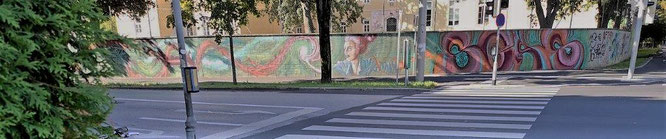 Mein erster Blick auf die lange Graffiti-Wand am Straßeneck Kalvariengürtel-Hackhergasse, Graz. © 2019 Reinhard A. Sudy 