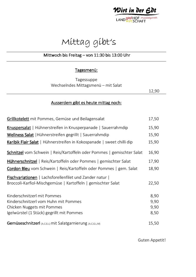 Wochentag Mittagmenü