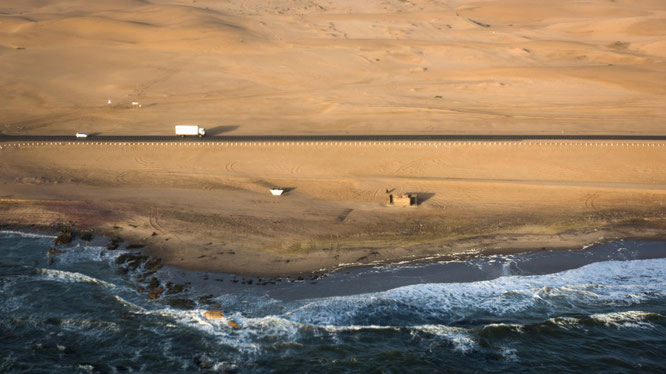 Bird`s eye view, scenic flight - coastal street between Swakobmund and Walvis Bay - Namib Desert Namibia
