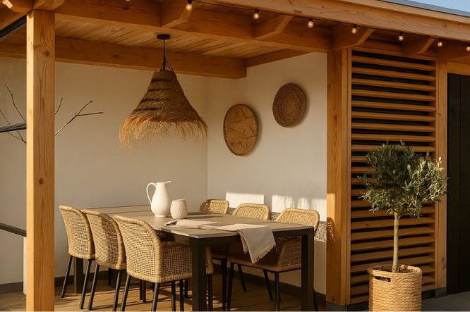 houten witte overkapping, stylen natuurlijke materialen