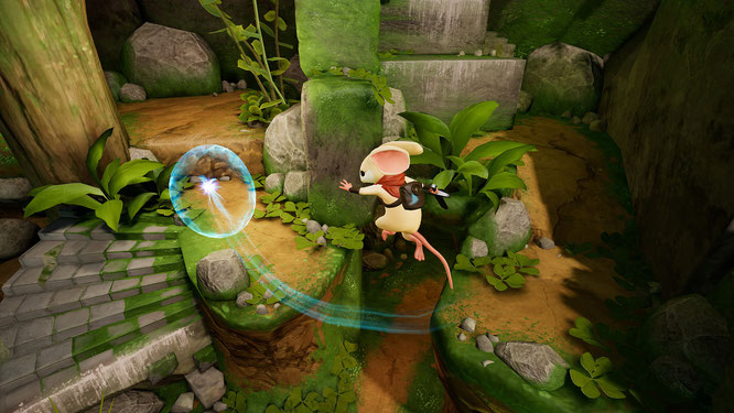 Hervorragendes Beispiel für ein "Zelda"-ähnliches Action-Adventure mit anthropomorpher Heldin: Polyarcs VR-Spiel "Moss" um das niedliche Mäuse-Mädchen Quill. Im Grunde ist unser knuffiger Avatar aber nur ein plüschig verleideter Mensch.