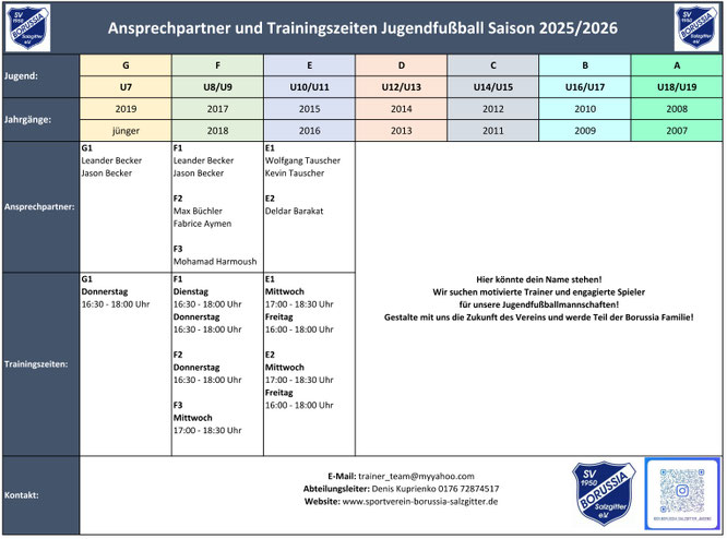 Übersicht Trainingszeiten Jugendfußball 2025/2026