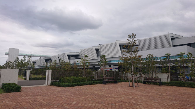市場周縁の「豊洲ぐるり公園」から見た豊洲市場水産仲卸売場棟です。