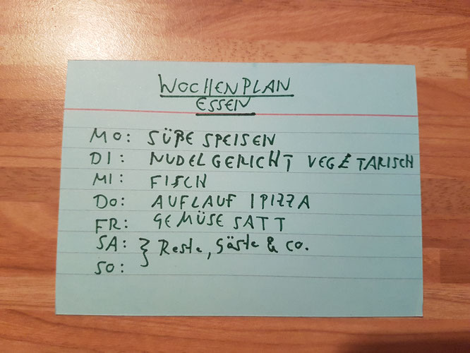 Wochenplan zur gesunden Ernährung für Kinder auf Karteikarte auf Mama-Blog Patschehand.de