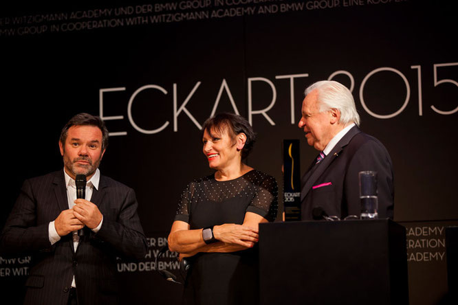 Michel Troisgros mit Gattin Marie-Pierre, ECKART 2015 für Große Kochkunst, und Eckart Witzigmann ©BMW Group