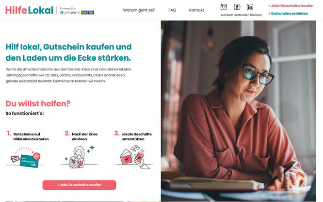 Verbraucher können auf www.HilfeLokal.de Gutscheine erwerben und so ihren Lieblingsläden helfen, Liquiditätsengpässe während der Corona-Krise zu überbrücken. Quelle: HilfeLokal.de.