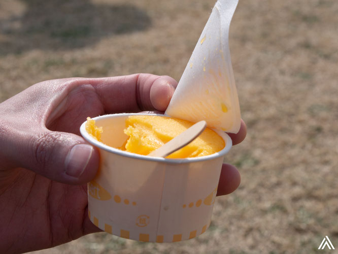 走り終えてのシャーベット。みかん味をいただきました。