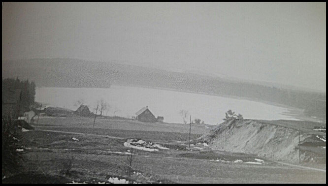 alte Teichwärterhaus mit Bootshaus am Rande, links die Tafelhalde Adam Heber