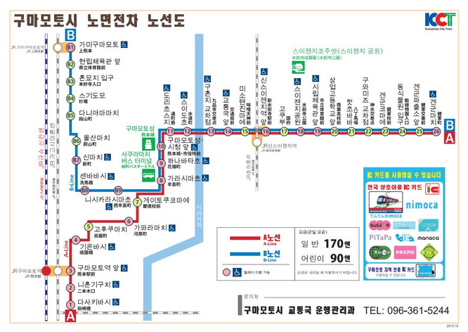 요금은 구간관계없이 1회 200엔입니다. 교통카드는 2024년부터 쿠마모토 전용카드만 사용됩니다. 전국공용(SUICA등)은 사용불가.