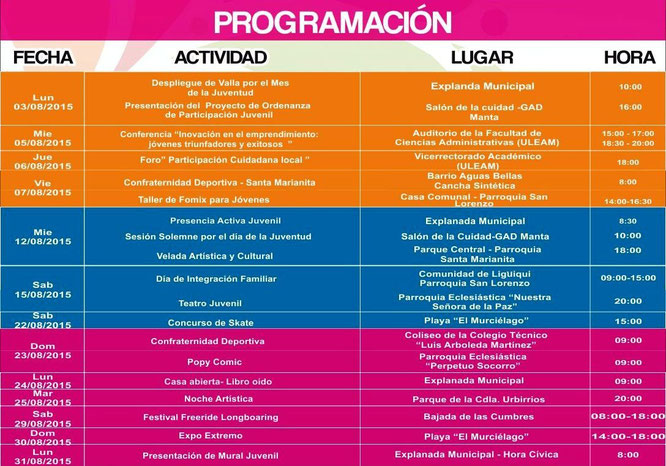 Programa general de las celebraciones por el "Mes de la Juventud". Manta, Ecuador.