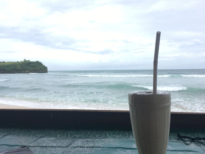 Drinking Milkshake at Bilangan Beach Bali