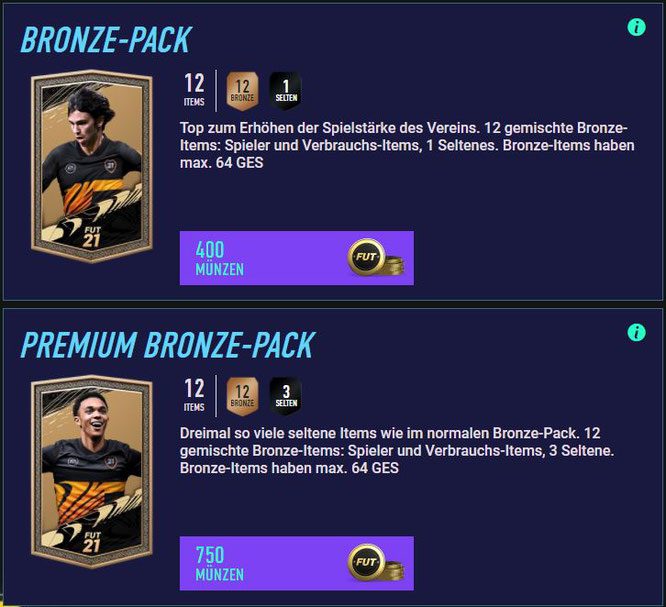 Die Ultimate Team Shop-Seite der Bronze Packs in FIFA 19, dargestellt in der FUT Web App.