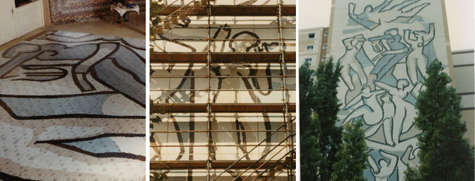 Mur d'immeuble, en collaboration avec Claude Beaujour à Nanterre,  fresque en mosaique, 2x2 cm pate de verre, 400 m2, 30 m de haut,