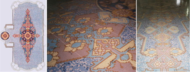 Piscine en mosaique, motif de tapis , palais Nadd al Shibba à Abu Dhabi, 2x2 cm grès cérame, 21m de longueur 500 m2