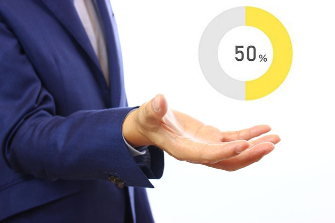 定員の50パーセントが推薦入試で埋まることを示す黄色の円グラフ。一般入試の枠が狭き門であることを解説。