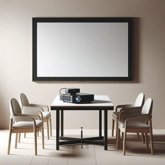Besprechungsraum mit Leinwand und Beamer auf dem Tisch  beamer-freund.de