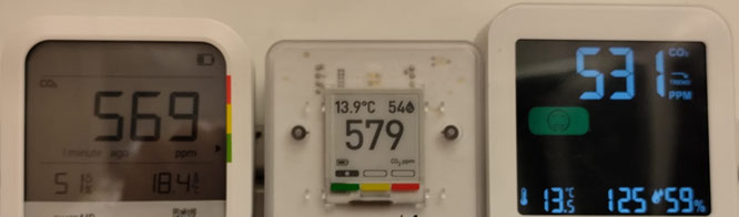Drei CO2 Messgeräte zeigen sehr gute, hygienische Raumluftqualität in einem Büro.