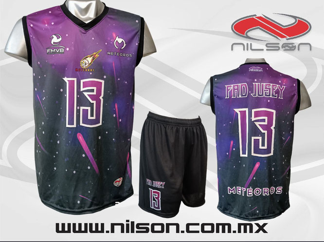 UNIFORME VOLEYBALL VARONIL PLAYERA SUBLIMADA, SHORT NEGRO MODELO SPACE, EQUIPO METEOROS