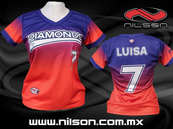 Playera softbol femenil Modelo Diamonds, sublimacion fullprint Nilson Ropa deportiva morado, naranja