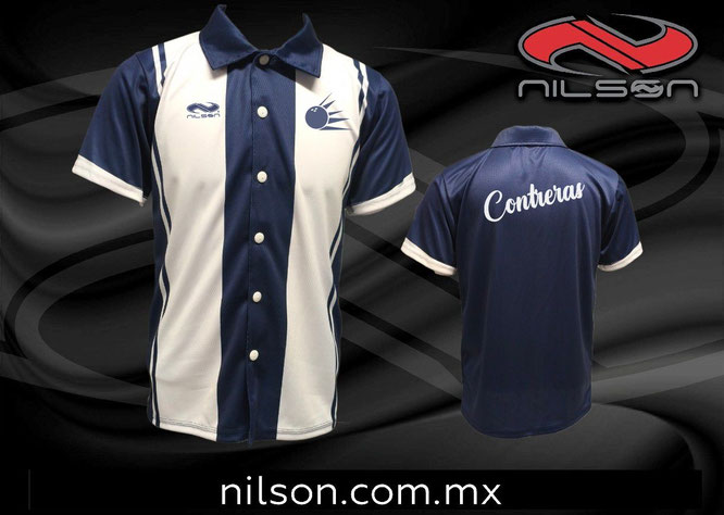 Jersey de boliche, abierta con botones, blanco con azul marino