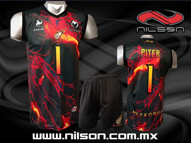 UNIFORME VOLEYBALL VARONIL PLAYERA SUBLIMADA, SHORT NEGRO MODELO LAVA, EQUIPO METEOROS