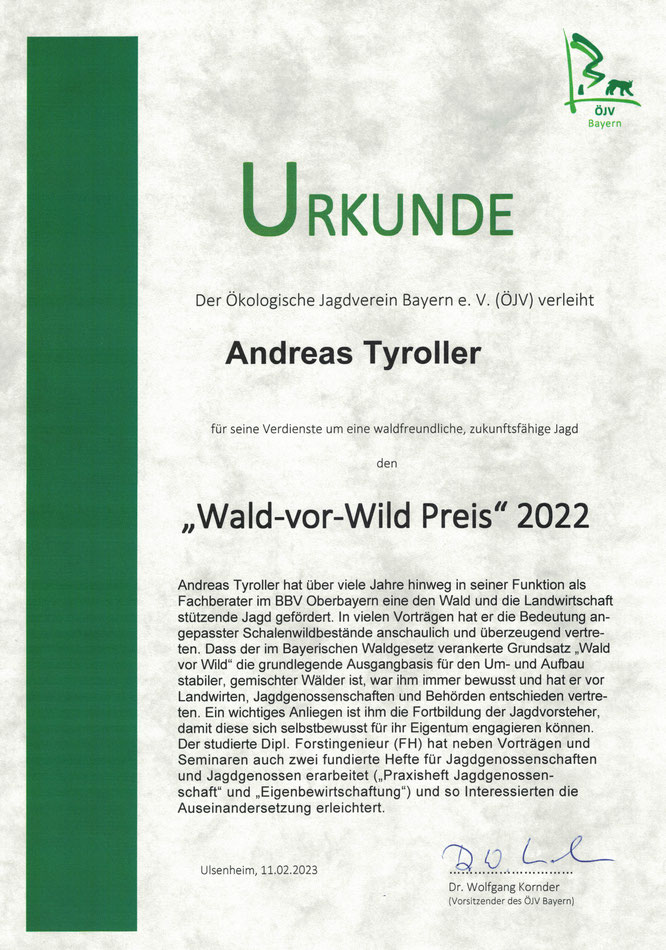 (Urkunde ÖJV Bayern: Wald-vor-Wild-Preis 2022 für Andreas Tyroller)