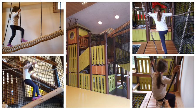 Unsere Kleine erobert den Indoor-Kletterturm im Landhaus zur Ohe