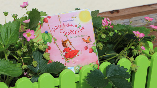 Das Buch "Erdbeerinchen Erdbeefee - Du bist die Beste!" inmitten von Erdbeerpflanzen